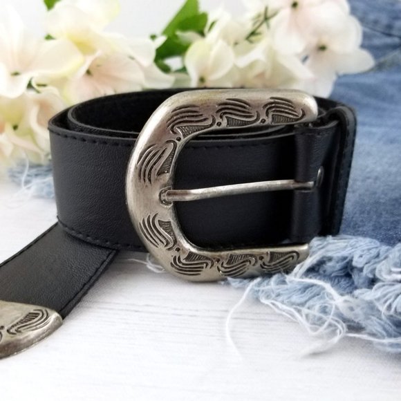Accessories - 90s Vintage Embossed Buckle Faux Leather Belt